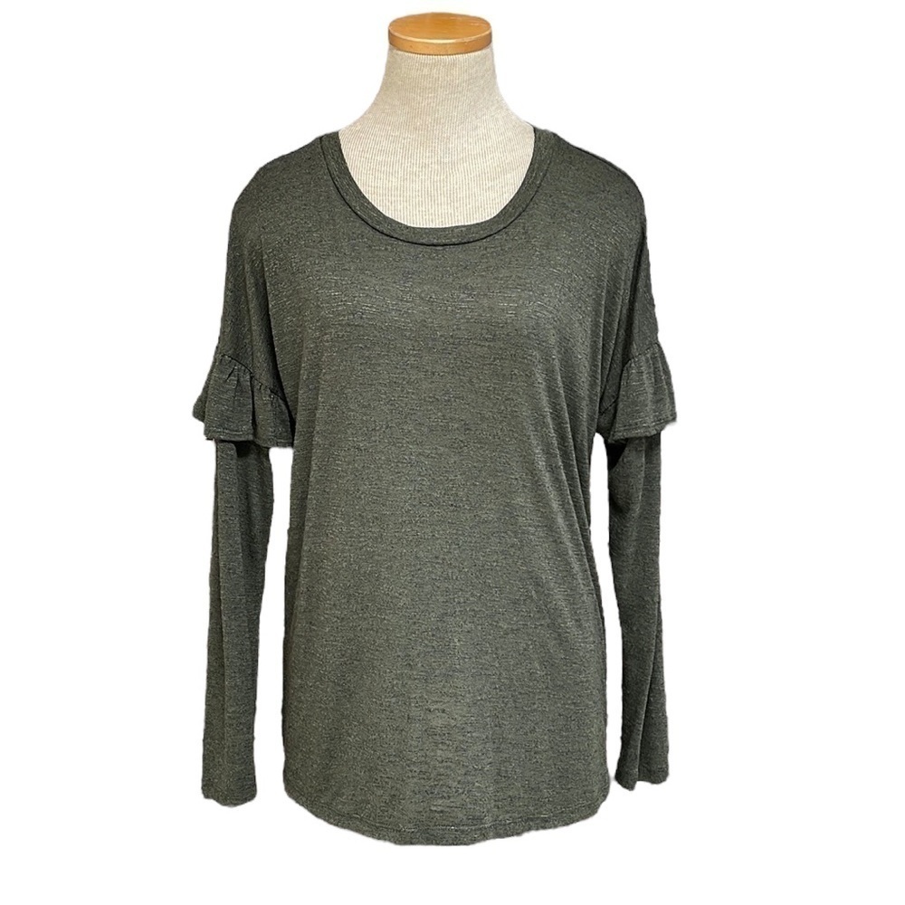 Bobeau Top Long Sleeve Ruffle T-Shirt Olive Green Size Medium